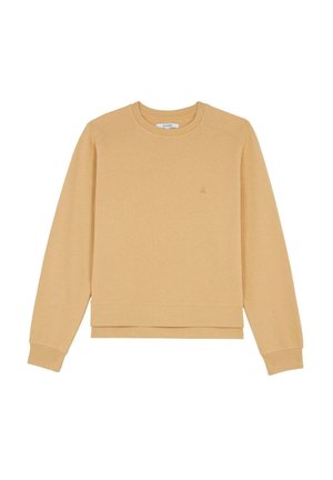 Sweatshirt à col rond en tissu doux de couleur beige clair. Comprend des manches longues, des poignets côtelés et un accent logo brodé sur la poitrine.
