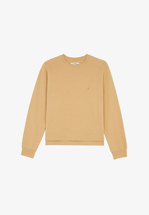 Sweatshirt à col rond en tissu doux de couleur beige clair. Comprend des manches longues, des poignets côtelés et un accent logo brodé sur la poitrine.