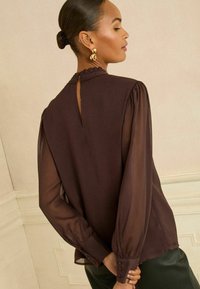 Smeđa bluzica dugih rukava s prozirnim rukavima, visokim izrezom, detaljem na leđima u obliku proreza i dugmadima na manžetama. Mekani, lagani materijal s lepršavim dizajnom.