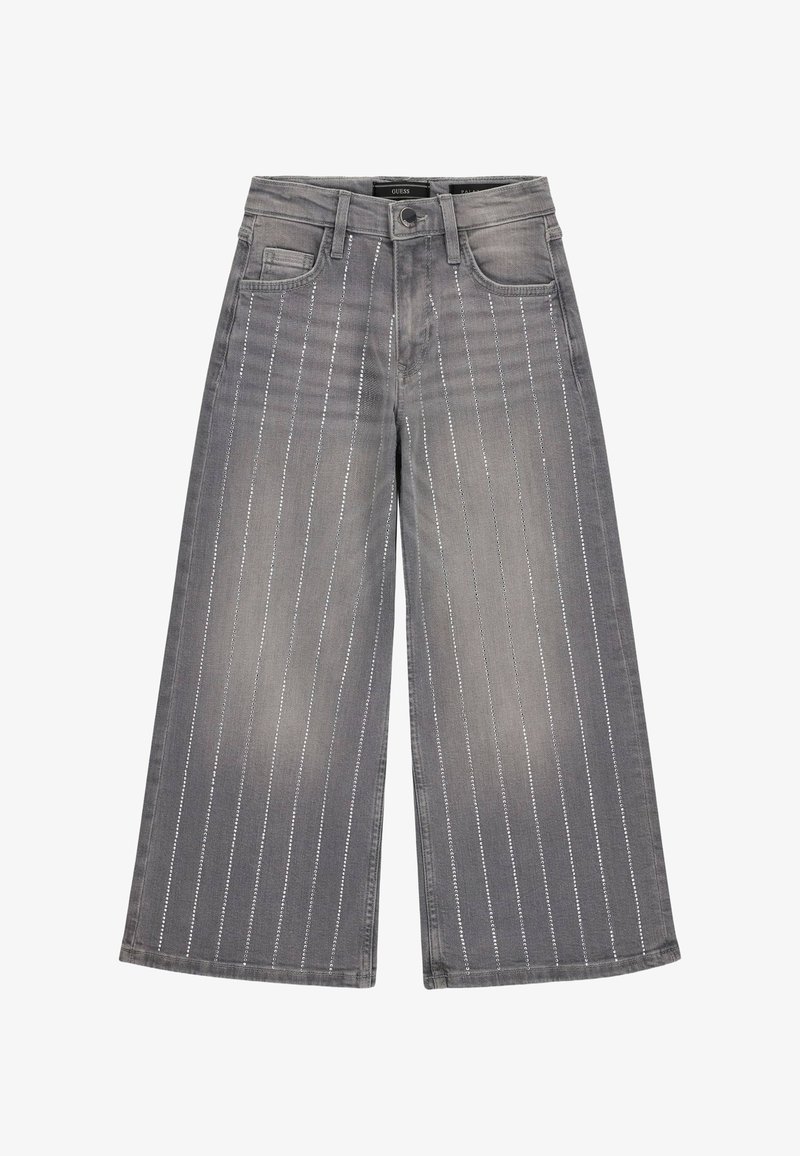 Jean gris à jambes larges avec des rayures verticales en sequins argentés, bouton frontal, fermeture éclair et design à cinq poches.