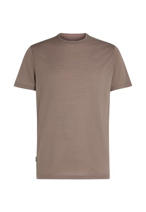Bruin T-shirt met korte mouwen en ronde hals, met een gladde textuur en een klein zijlabel, op een effen witte achtergrond.