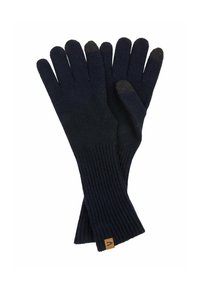 Marineblauwe gebreide handschoenen met geribbelde manchetten, uitgerust met gestructureerde uiteinden op de wijsvingers voor gebruik met touchscreen en een klein merkembleem.