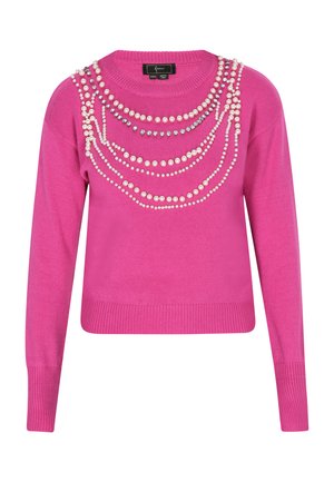 Sweatshirt en tricot rose avec des cordons décoratifs en couches de perles et de strass sur le devant, doté de poignets et d'un ourlet côtelés.