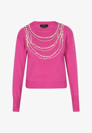 Roze gebreide sweatshirts met decoratieve gelaagde strengen van parels en rhinestones aan de voorkant, met ribgebreide manchetten en onderkant.