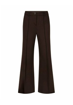 Donkerbruine broek met hoge taille en wijd uitlopende pijpen, voornaad, twee knopen, riemlussen en een verborgen ritssluiting aan de voorkant.