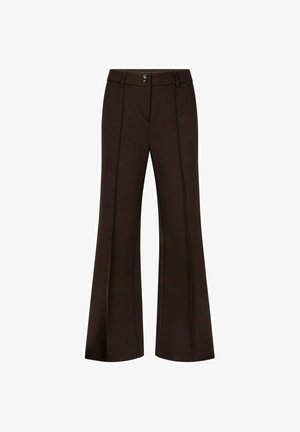 Donkerbruine broek met hoge taille en wijd uitlopende pijpen, voornaad, twee knopen, riemlussen en een verborgen ritssluiting aan de voorkant.