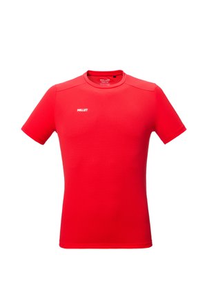 Red short-sleeve athletic shirt with textured fabric and white "MILLET" logo on the chest and inside collar.