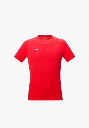 Red short-sleeve athletic shirt with textured fabric and white "MILLET" logo on the chest and inside collar.