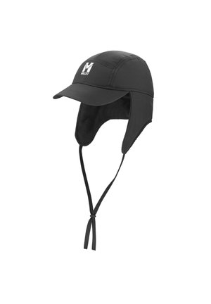 Black insulated winter cap with ear flaps, chin straps, and a front brim, featuring a white Millet logo on the front panel.