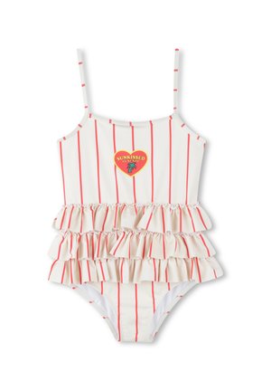Maillot de bain blanc avec des rayures verticales rouges, arborant un logo en forme de cœur et des volants superposés à la taille. Bretelles spaghetti réglables.