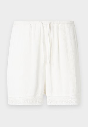 Weiße Shorts aus leichtem Stoff mit strukturierter Oberfläche und Spitzenbesatz am Saum. Elastischer Bund mit verstellbarem Kordelzug.