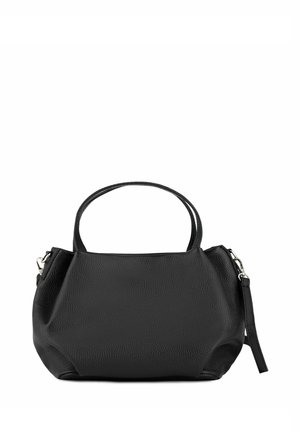 Black leather handbag with a rounded design, short handles, and a detachable strap. Textured surface with a subtle grain pattern.