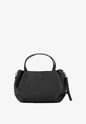 Black leather handbag with a rounded design, short handles, and a detachable strap. Textured surface with a subtle grain pattern.