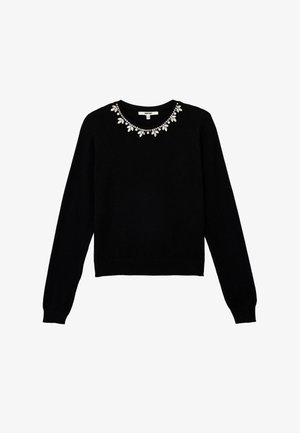 Zwarte trui met lange mouwen, voorzien van een ronde halslijn versierd met een zilveren kraal en een bladerenpatroon langs de kraag.