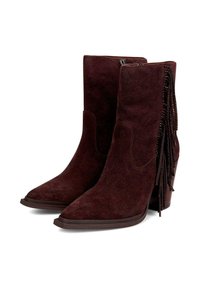 Botines de ante marrón con punta afilada, cremallera lateral y detalle decorativo de flecos. Presentan un tacón apilado para mayor altura.