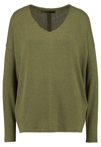 Maglione verde oliva a maniche lunghe con scollo a V, realizzato in un morbido e lavorato tessuto a maglia. Vestibilità ampia con spalle scivolate e orlo curvo per facilitare il movimento.
