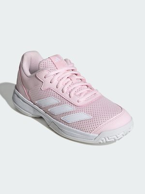 Hellrosa sportlicher Sneaker mit Mesh-Obermaterial, weißem Drei-Streifen-Logo an der Seite, gepolstertem Kragen und weißer Gummisohle mit Profil.