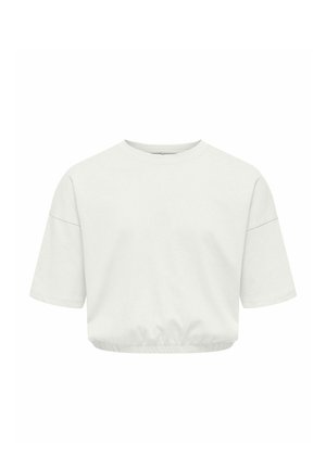 Maglietta corta bianca con maniche corte larghe, scollo tondo e orlo elasticizzato.