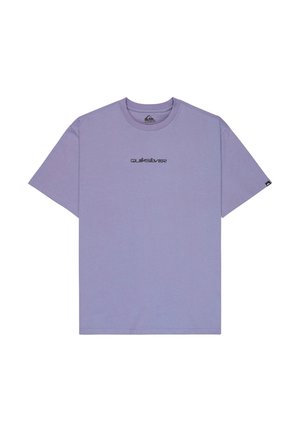 Purple cotton T-shirt with short sleeves and a crew neck. Features "Quiksilver" logo in black at the chest. Soft texture, relaxed fit.