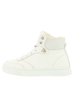 Weiße High-Top-Sneaker aus glattem Leder, mit einem grauen Wildleder-Akzent am Kragen und einem Kunstfellfutter. Gummisohle für guten Halt.