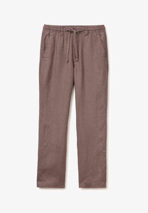 Pantalon en lin marron à coupe droite avec taille élastique, cordon de serrage devant, poches latérales et passants pour ceinture.