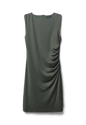 Abito senza maniche di colore verde oliva realizzato in tessuto morbido. Presenta una rifinitura laterale arricciata e una chiusura con zip sul retro. Design liscio e minimalista.