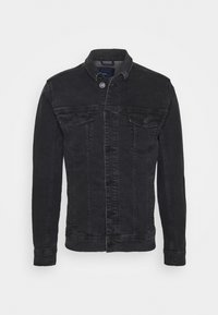 Jacket in denim nero con maniche lunghe, chiusura con bottoni davanti, due tasche sul petto e colletto classico. Presenta cuciture verticali e tessuto testurizzato.