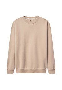 Felpa beige con maniche lunghe, colletto a girocollo a coste e orlo. Morbido al tatto con un design semplice e pulito, senza motivi o dettagli decorativi.