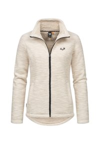 Veste en polaire beige zippée avec col montant, fermeture éclair noire et logo sur la poitrine ; possède une surface texturée et des poches latérales.