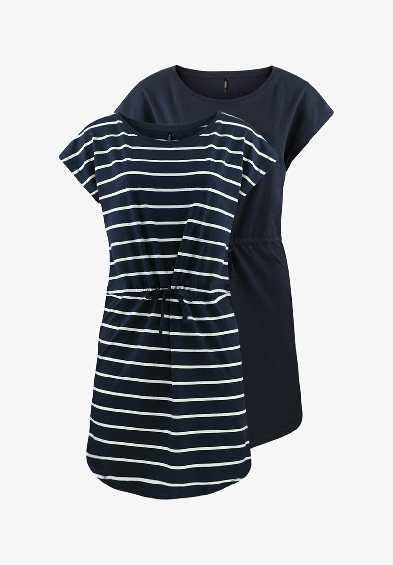 Navyblauwe katoenen jurken, de ene met witte horizontale strepen en een drawstring taille, de andere geheel navy met een klassieke ronde halslijn.