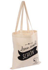 Borsa in cotone di colore naturale con testo stampato nero e un'illustrazione. Presenta due robuste tracolle e un ampio scomparto interno.