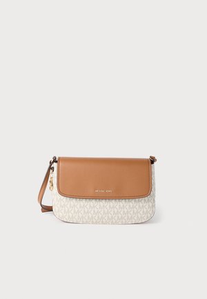 Brown leather flap over a beige fabric base with a light gray MK logo pattern. Includes a shoulder strap and gold hardware accents.