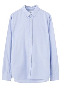 Hellblaues langärmeliges Hemd mit Knopfleiste und Umlegekragen, ausgestattet mit geradem Saum und einreihiger Knopfverschließung. Weiche Stofftextur.