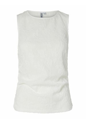 Blouse blanche sans manches texturée avec encolure ronde, motif floral subtil et légère froissure à la taille.