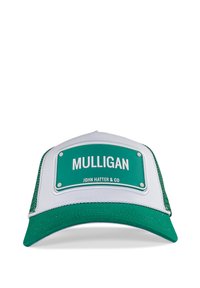 Green and white baseball cap with a plastic patch displaying "MULLIGAN" and "JOHN HATTER & CO." Adjacent mesh panels enhance breathability.