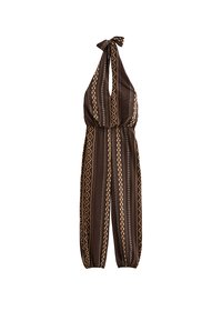Brown halter-neck jumpsuit with geometric vertical stripes in beige, white, and yellow, featuring a cinched waist and elastic ankle cuffs.