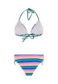 Trojúhelníkový bikiny vršek s tyrkysovými zavazovacími ramínky a plavkové kalhotky s vysokým pasem s motivem růžových, modrých, zelených a fialových mušlí.