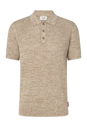 Beige short-sleeve knit polo shirt with ribbed texture, three buttons, and a collar, labeled JOOP! Jeans.
