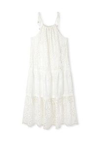 Vestido blanco sin mangas con bordados florales, detalles de encaje en capas, tirantes ajustables y un dobladillo con volantes. Tela ligera y aireada.