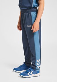 Marineblaue Sporthose mit einem hellblauen Seitenstreifen und weißem Logo. Kombiniert mit blauen Sneakers, die weiße Akzente und Schnallen haben.