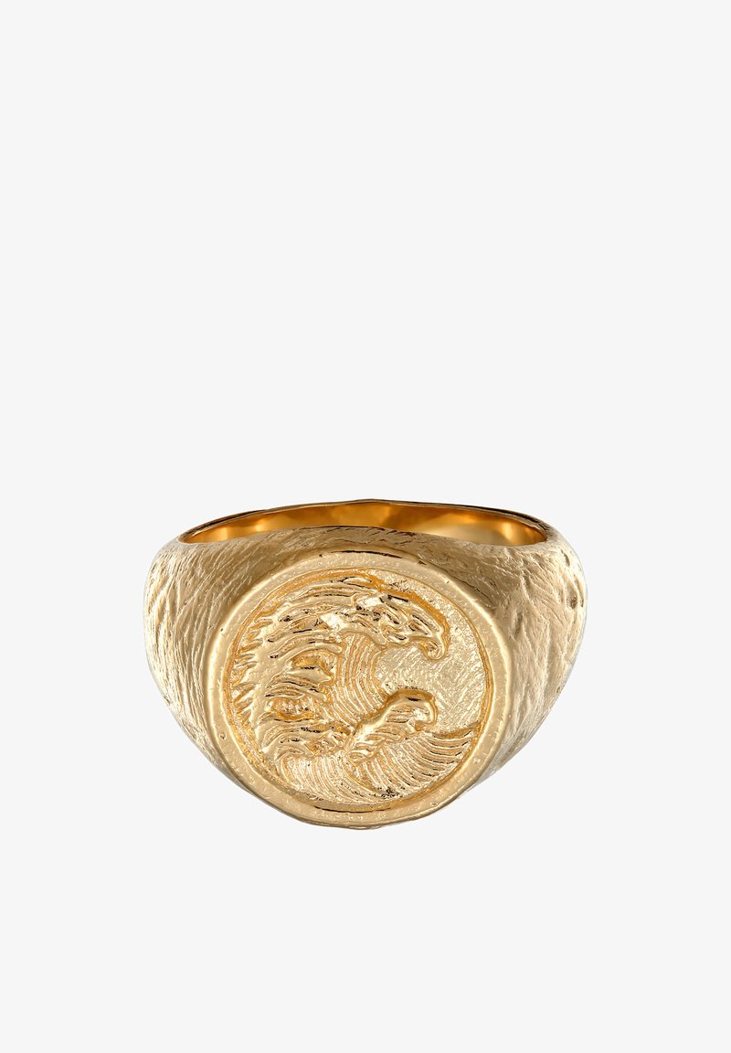 Aranygyűrű textúrált szalaggal és kiemelkedő, kör alakú hullám mintával az elején, részletes gravírozásokkal és fényes felülettel.
