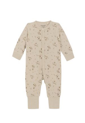 Cremfarbener Baby-Body aus weicher Baumwolle, mit einem dezenten Muster von kleinen Tieren und Blättern, langen Ärmeln und Druckknöpfen.