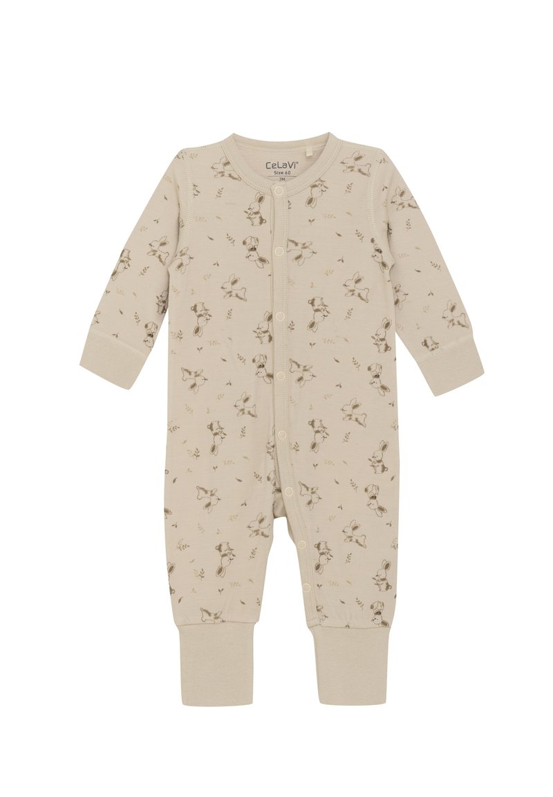 Krämfärgad babybody i mjuk bomull, med ett subtilt mönster av små djur och blad, med långa ärmar och tryckknappar.