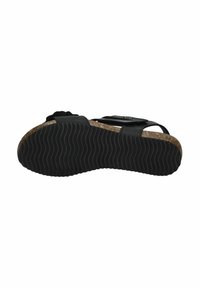 Black sandal with a cork footbed and textured rubber outsole. Features two adjustable straps for a customizable fit.