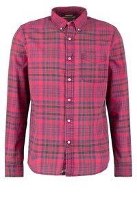 Czerwona i zielona koszula w kratę z długim rękawem, z kołnierzem zapinanym na guziki, z przodem zapinanym na guziki oraz z kieszonką na piersi po lewej stronie.