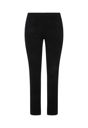Pantalon noir slim fit avec taille élastique, sans poches visibles ni ornements, présenté sur fond blanc.