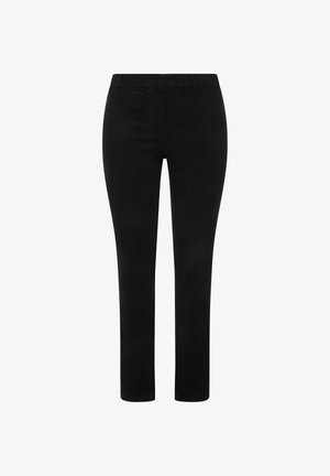 Mustat slim fit -housut, joissa on joustava vyötärönauha, ilman näkyviä taskuja tai koristeita, valkoisella taustalla.