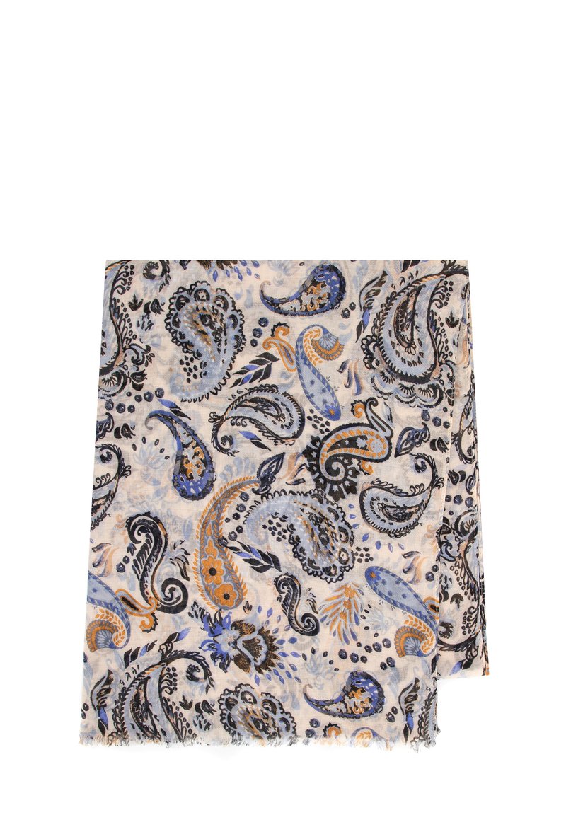Sciarpa leggera color crema con stampa paisley blu, nera e arancione. Tessuto morbido con bordi frangiati, misura circa 70 cm x 180 cm.