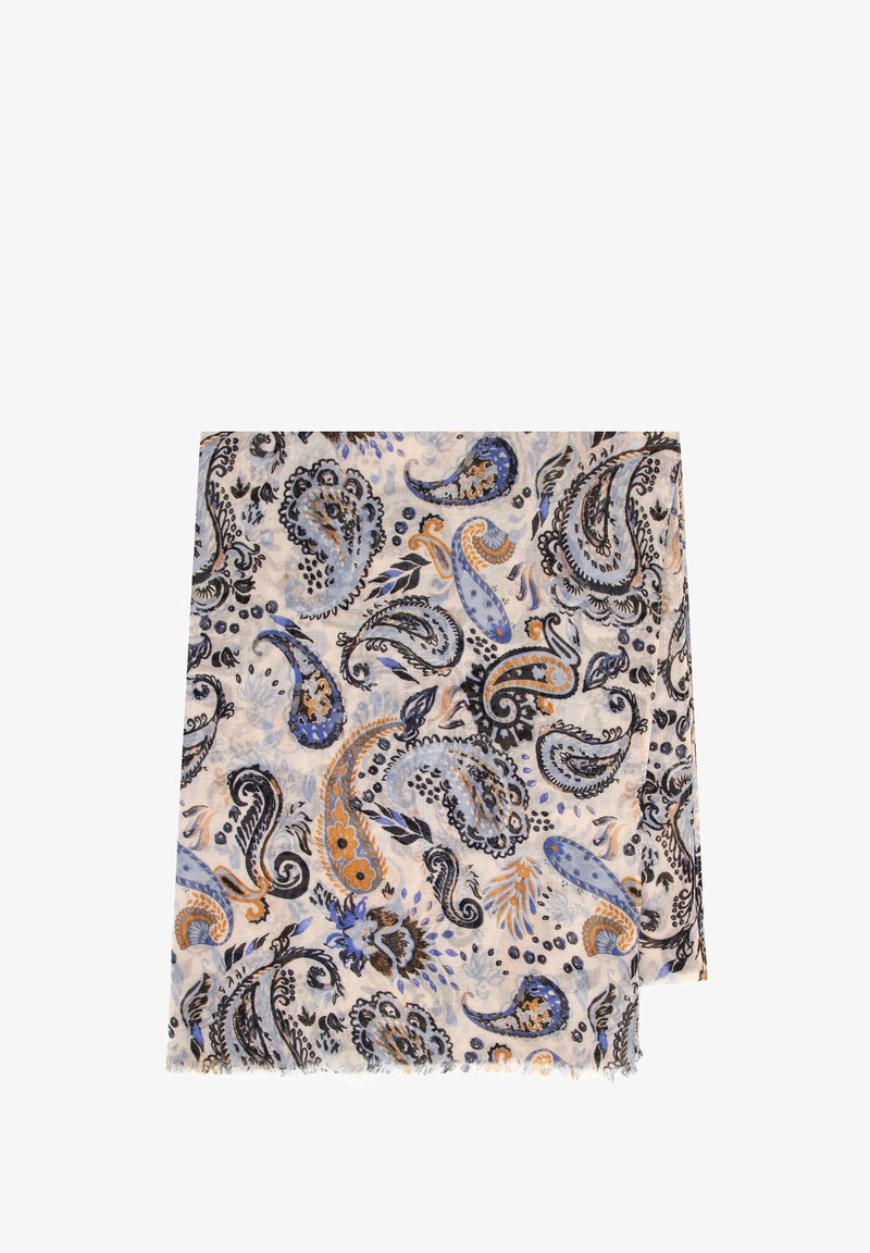 Bufanda ligera en crema con estampado de paisley en azul, negro y naranja. Textura suave con bordes con flecos, mide aproximadamente 70 cm x 180 cm.