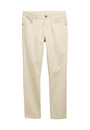 Chinos in cotone beige con taglio dritto, dotati di tasche frontali, chiusura con bottone e una texture liscia.